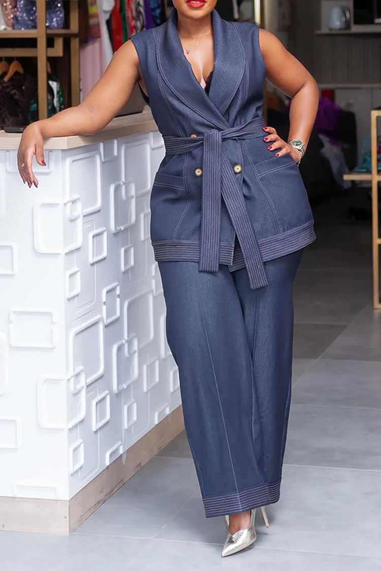 Plus Size Business Casual Blue Lapel Collar Wrap Pocket Tencel Denim Two Piece Pant Suits [Pre-Order] 2024 - Xpluswear