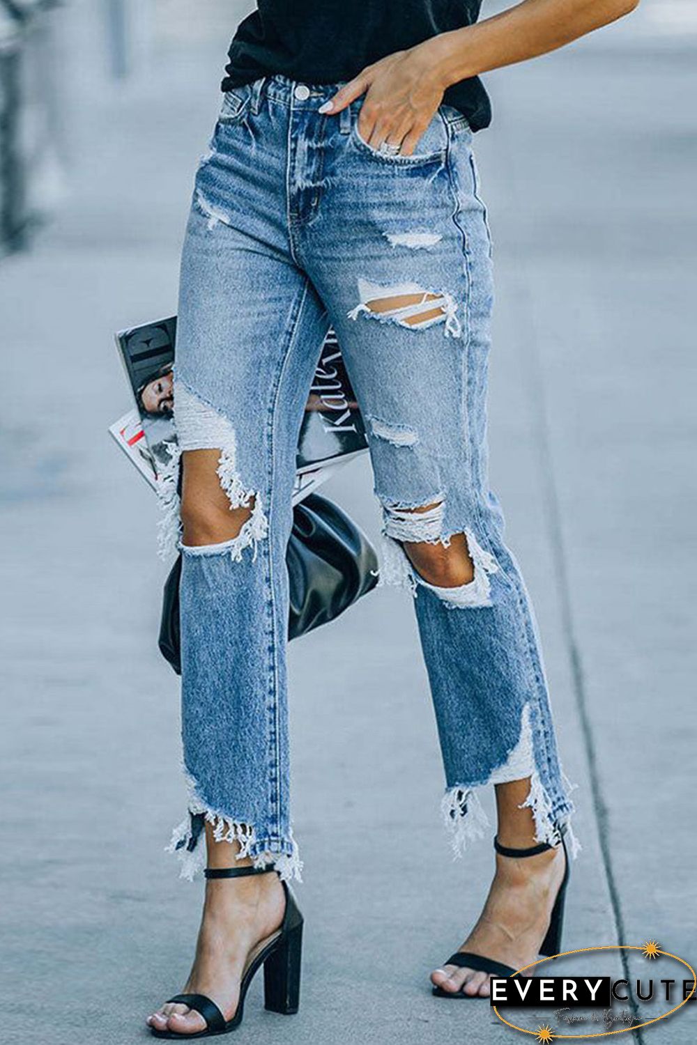 Sky Blue Ripped Knee Hole High Waist Jeans