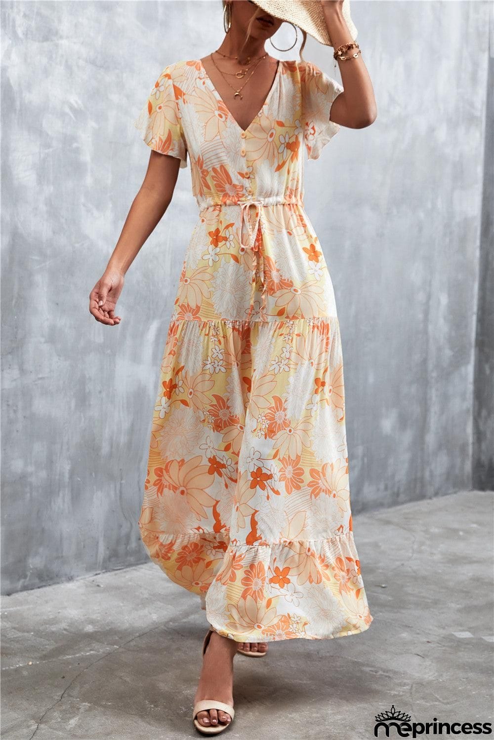 Floral Buttoned Drawstring Waist Tiered Dress