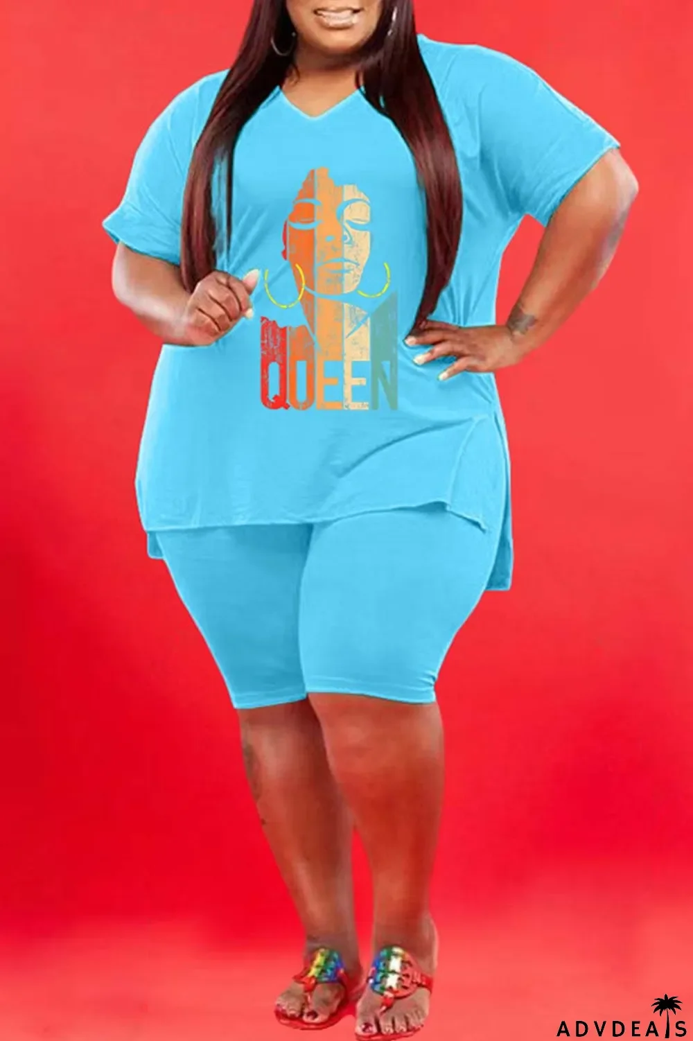 Green Casual Print Slit V Neck Plus Size Two Pieces