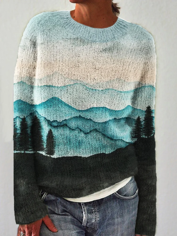 🔥kukelife🔥Mountains Landscape Silhouette Contrast Cozy Knit Sweater