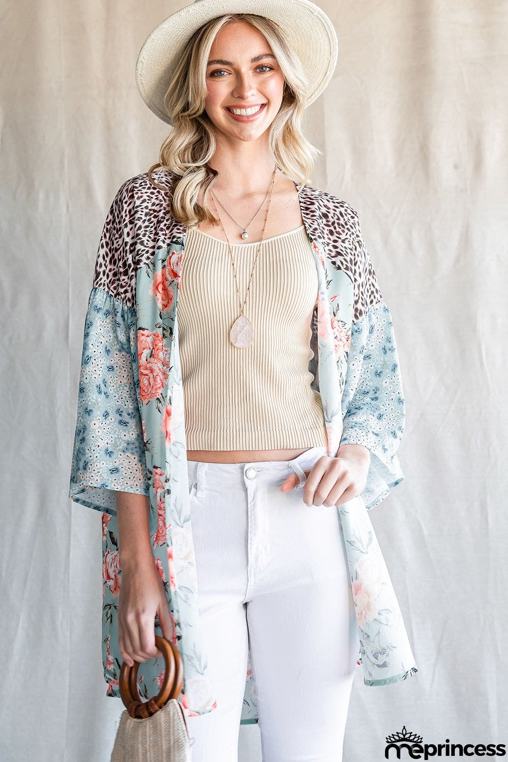 Animal Print Floral Three-Quarter Sleeve Cardigan