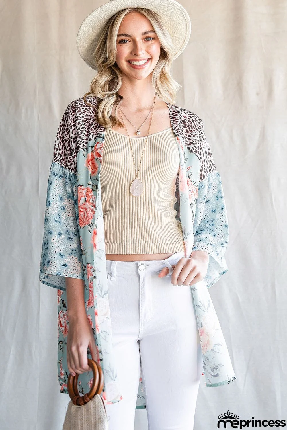 Animal Print Floral Three-Quarter Sleeve Cardigan