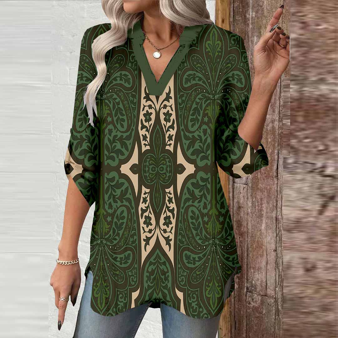 Women Tropical, Green, Khaki DZGA0152 3/4 Sleeve V-neck Printed Graphic Button Tops
