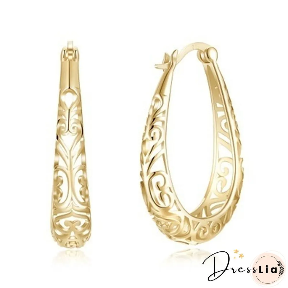 Luxury 14K Solid Gold Dangle Hollow Earrings Hoop Stud Party Wedding Engagement Earring