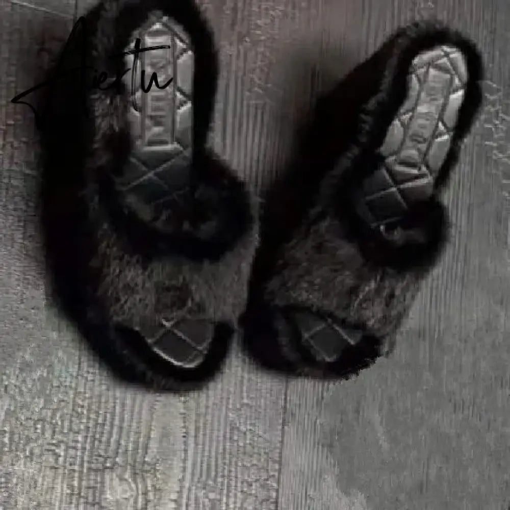 Luxury new women feminine high-heeled fur drag outdoor all-match shoes slippers round head wedges with mink fur ms slippers Aiertu