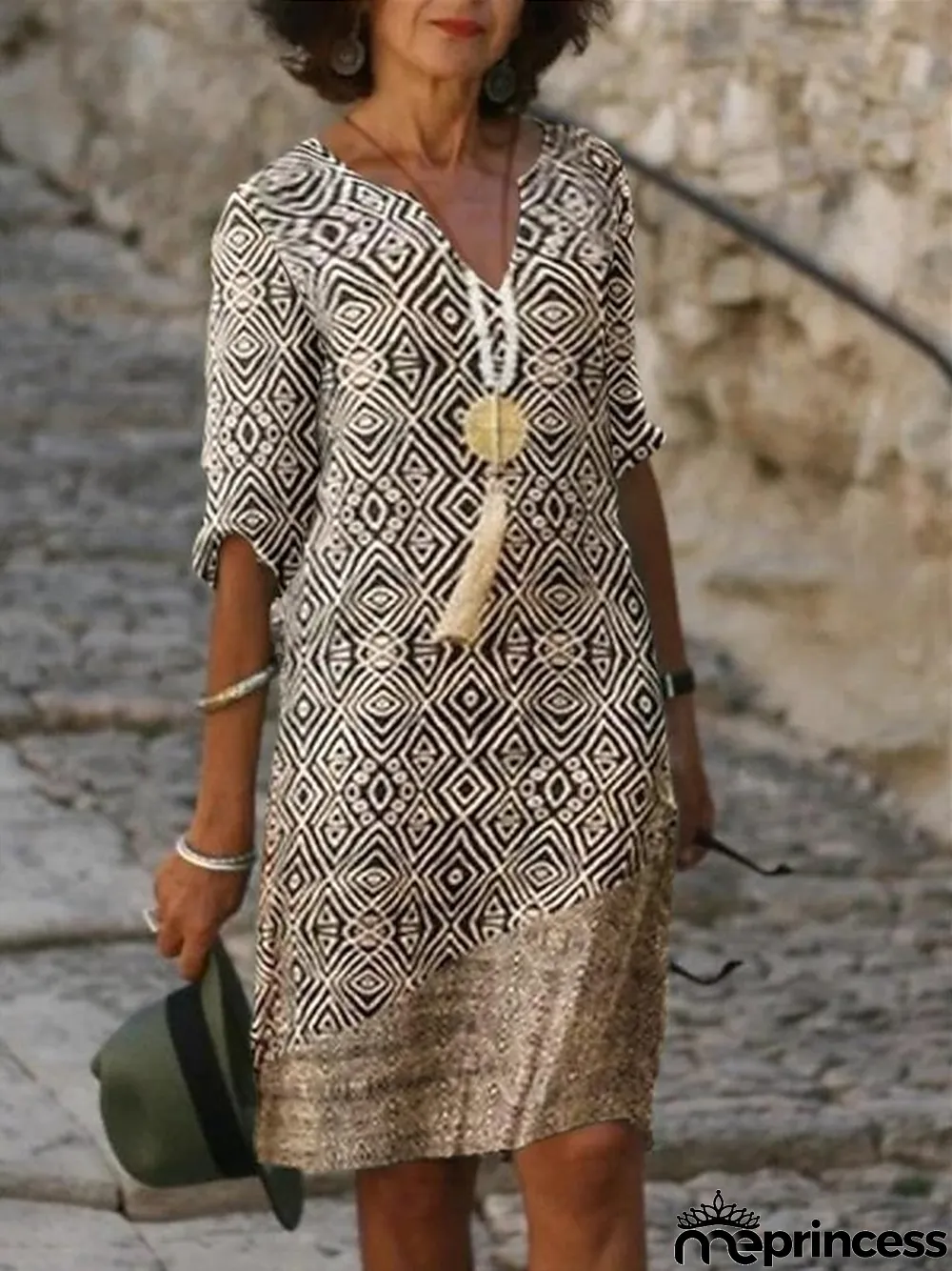 Women's Casual Dress Shift Dress Midi Dress fluorescent yellow khaki Half Sleeve Abstract Print Summer Spring V Neck Vintage S M L XL XXL XXXL 4XL 5XL