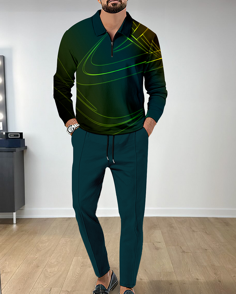 Men's Casual Colorblock Personalized Long Sleeve Polo Shirt Set 140