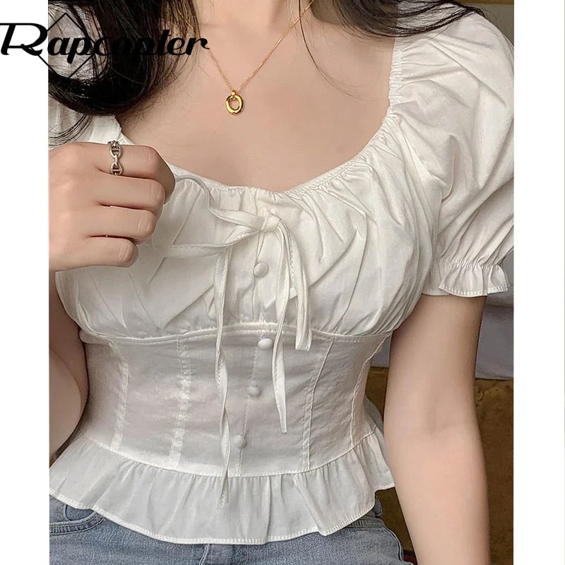 Rapcopter Vintage Crop Top Sweet Tie up Tshirt Korean Square Collar Corset Top Summer Puff Sleeve Tee Top Women Streetwear 90s