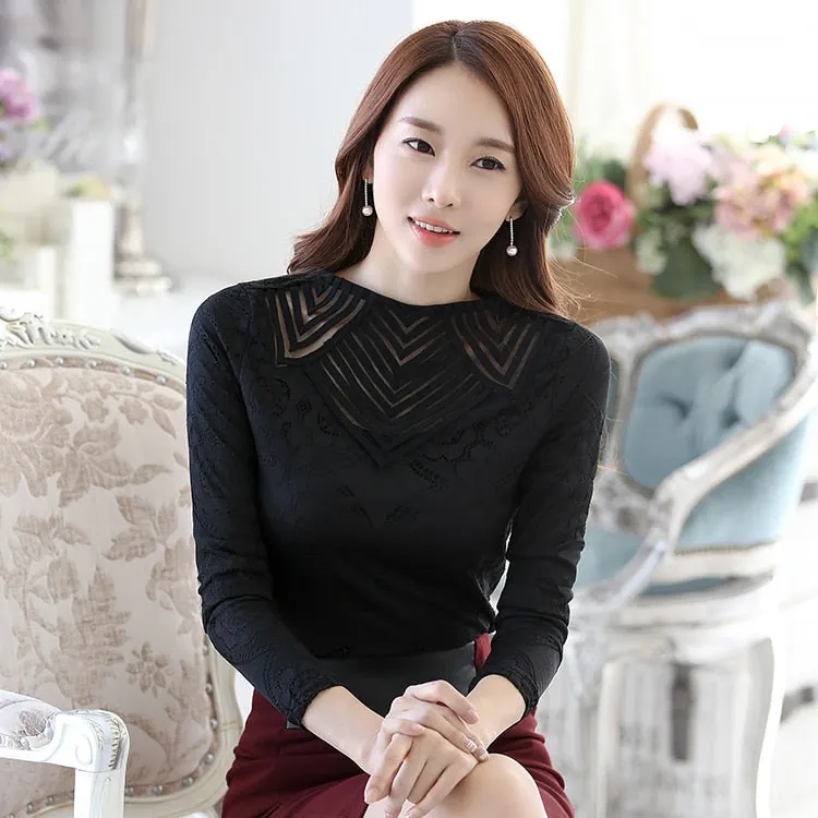 2021 Women Tops Floral Lace Fashion Black Top Casual Girl Blouse Diamond Beaded Lace Shirt Female Tops Women Clothes 3115 25