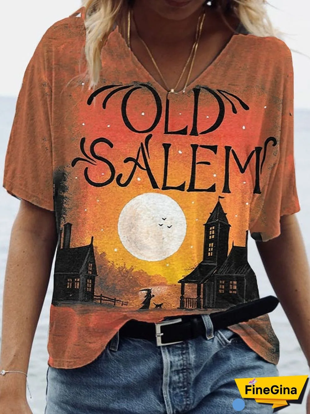 Women's vintage 1692salem witch print v-neck T-shirt