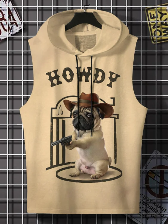 Men's Western Cowboy Pug Art Print Hooded Tank Top