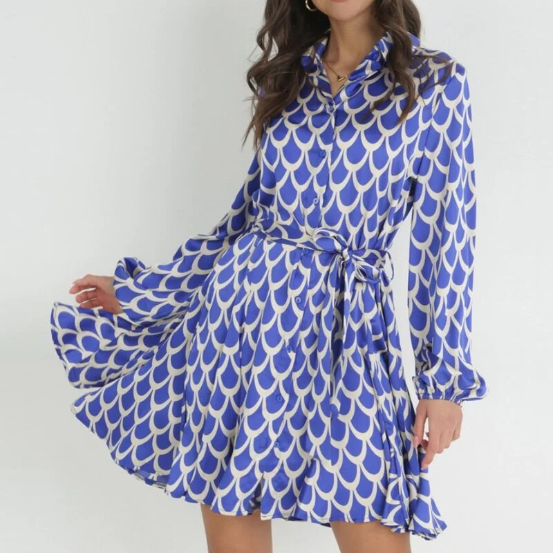 Women Fashion Geometric Print Shirt Dress Elegant Lapel Collar Button Pleated A-Line Dress Casual Long Sleeve Lace-up Mini Dress