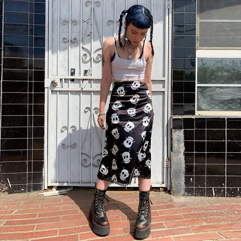 InsGoth Goth Skirt Gothic Skull Print High Waist Skirts Harajuku Grunge Straight Long Skirt Punk Vintage Lace Trim Skirt Female