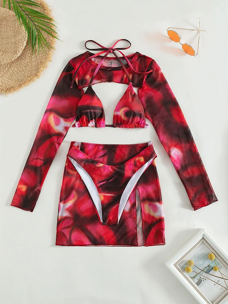 Uveng 2025 New Bikin Bikin Tie Dye Four-Piece Split Swimsuit Woman