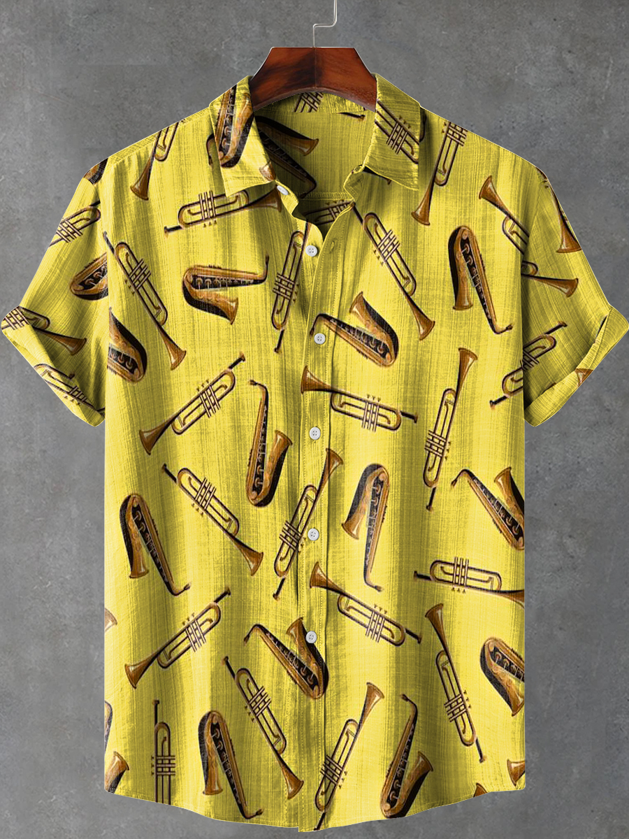 Vintage Saxophone Trumpet Art Print Casual 100% Cotton Shirt