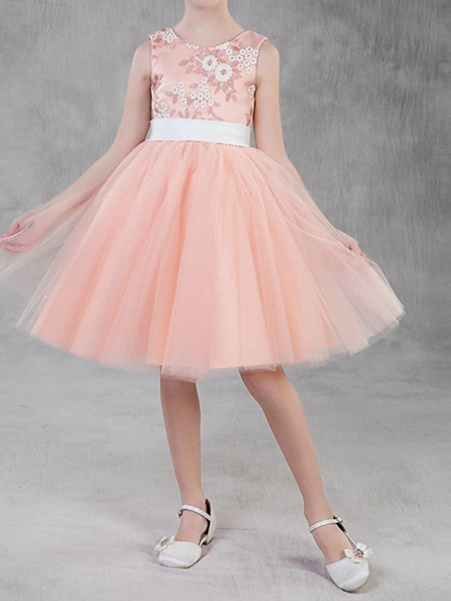 Oknass A-Line Sleeveless Jewel Neck Flower Girl Dresses Polyester With Appliques