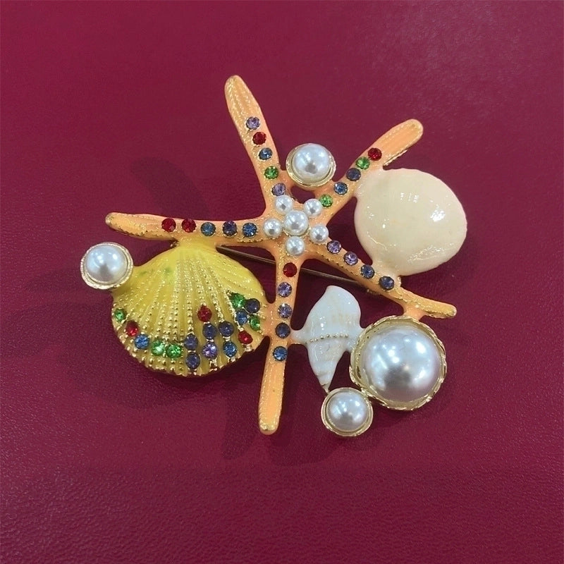 Korean Style Pin Starfish Shell Alloy Plating Inlay Rhinestones Pearl Unisex Brooches