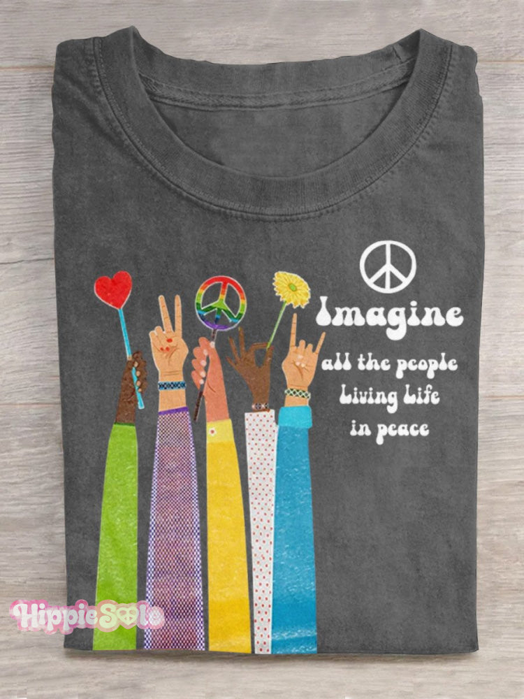 Imagine All The People Living Life In Peace Art Print Casual T-Shirt Grey / S
