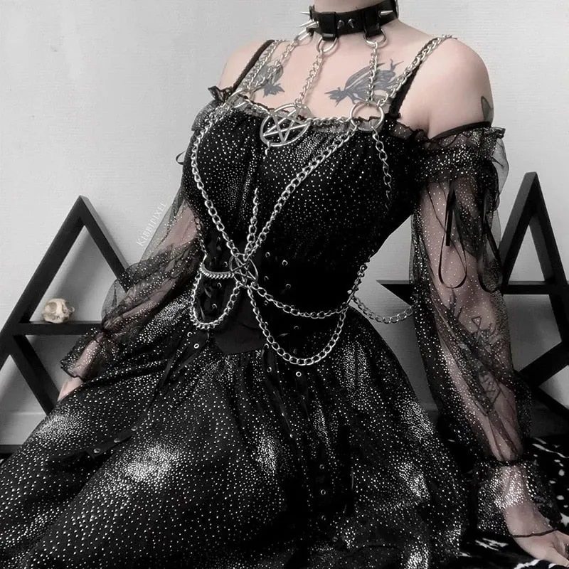 InsGoth Sexy Women Suspenders Chest Metal Chain Belt Gothic Harajuku Pentagrams Patchwork Streetwear Belts Chain Tassel Harness