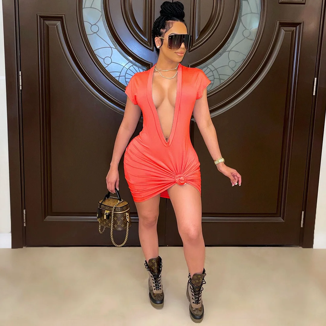 CM.YAYA Women Dress Solid Short Sleeve Deep V-neck Sheath Elastic Dresses Sexy Night Club Fashion Casual Outfit Summer 2021