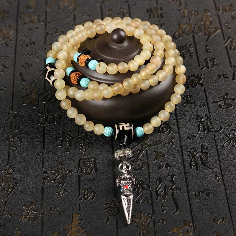 108 Beads Tibetan Sheep Horn Dzi Bead Turquoise Necklace Bracelet Mala