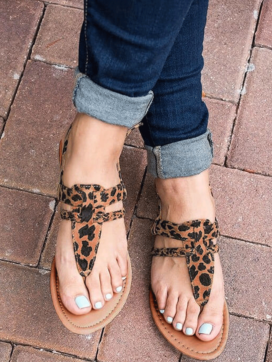 Summer Leopard Buckle Strap Flat Sandals