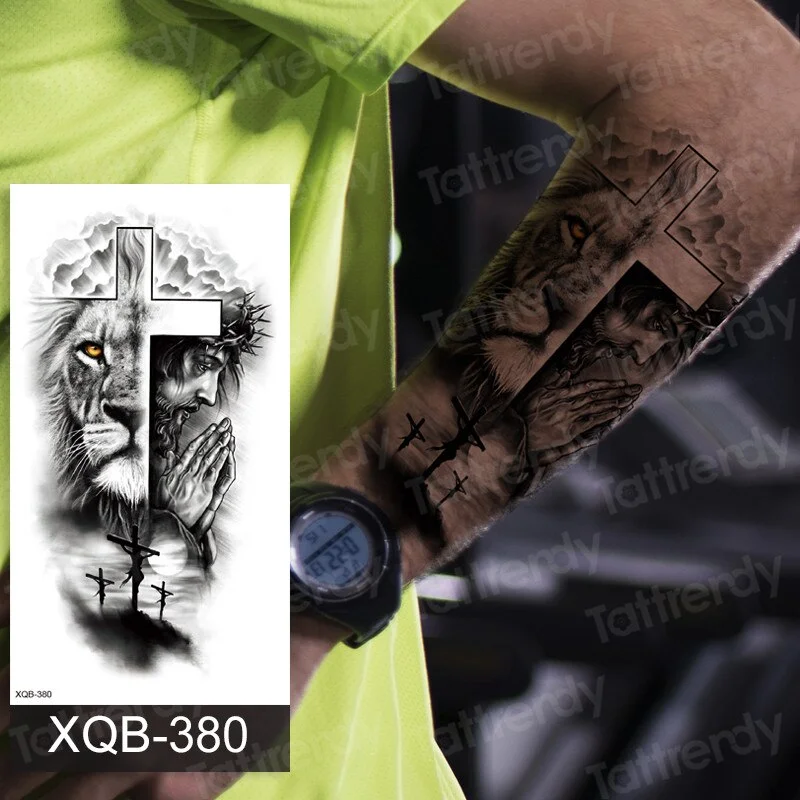 Waterproof Temporary Tattoo Sticker Lion King Crown Cross Tiger Pattern Fake Tatto Flash Tatoo Black Body Art for Kids Women Men