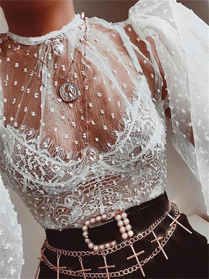 Ladies Women Sexy See Through Mesh Sheer O Neck Blouse Clubwear Shirt Tops Mesh Transparent Blouses Polka Dot Print Blouse Top