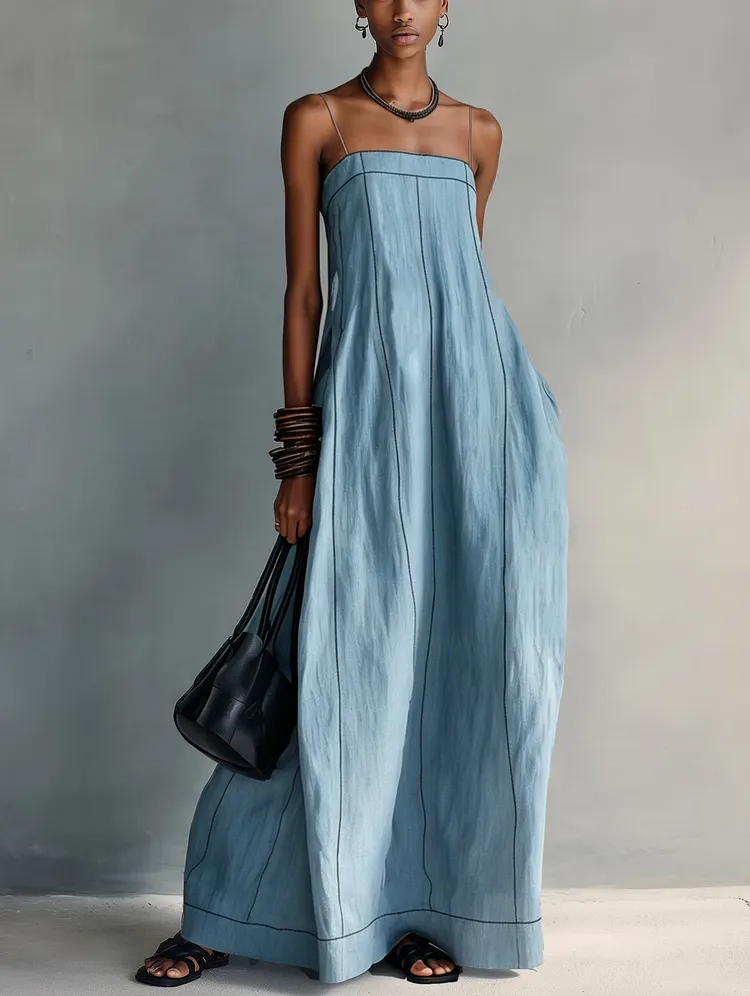 Blue Casual Cotton Linen Spaghetti Strap Maxi Dress