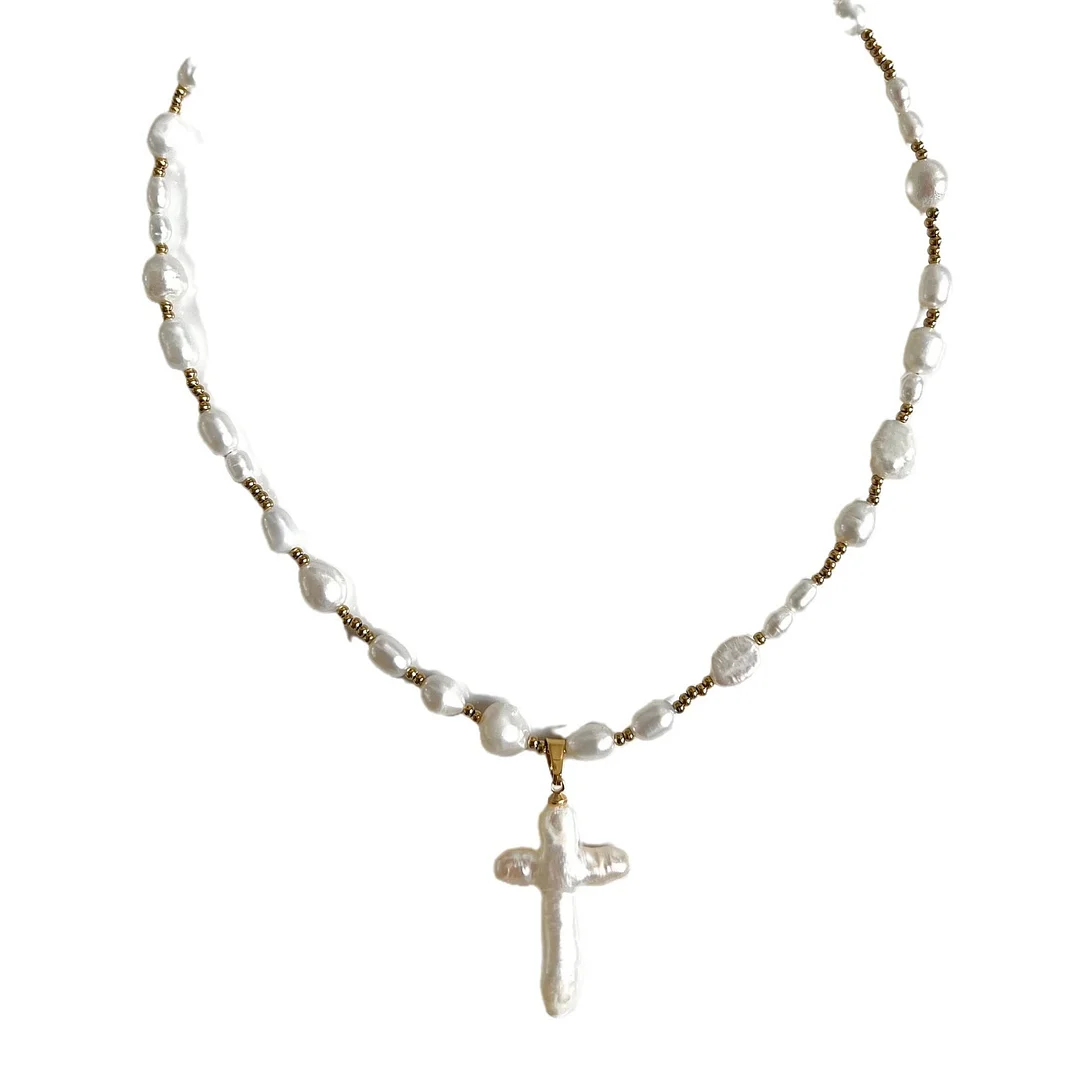 Women's Pearl Cross Shell Pendant Necklace