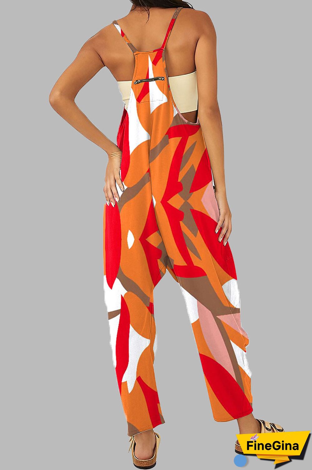 Black khaki Casual Gradual Change Print Patchwork Pocket Zipper Spaghetti Strap Loose Jumpsuits