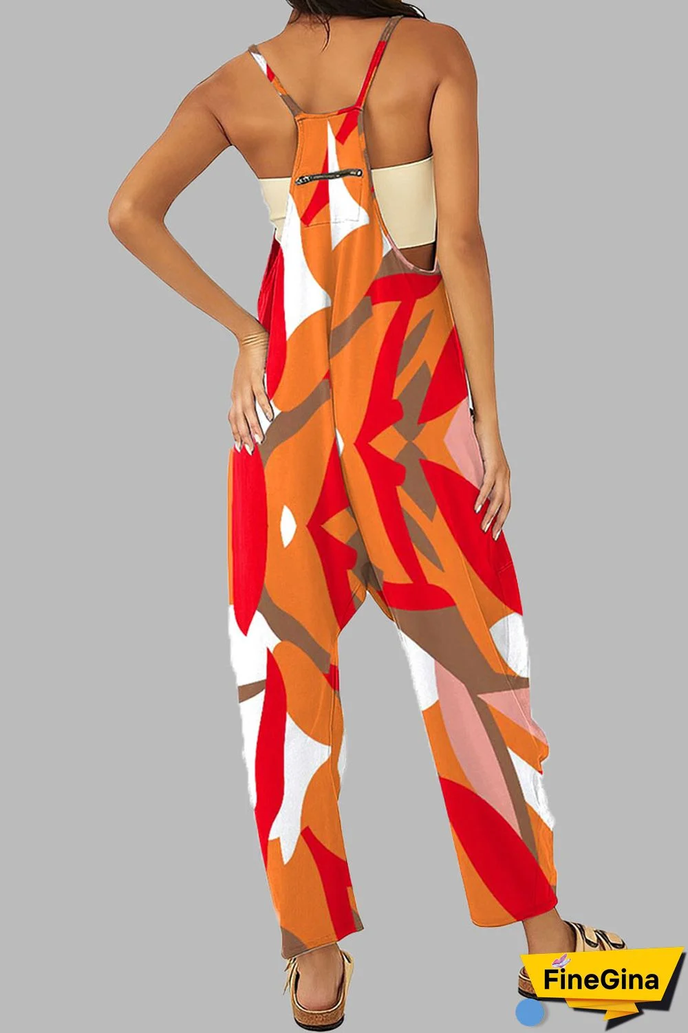 Black khaki Casual Gradual Change Print Patchwork Pocket Zipper Spaghetti Strap Loose Jumpsuits