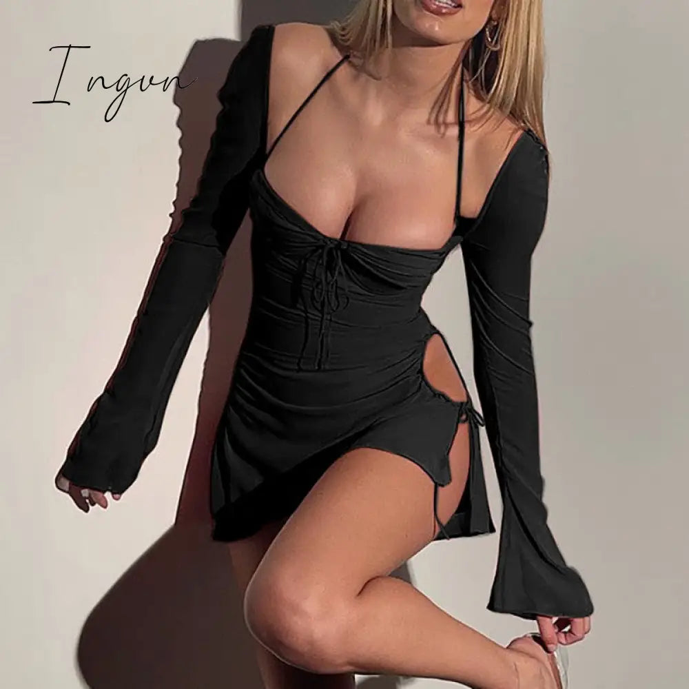 Ingvn - Going Out Outfits Spring Elegant Cut Halter Bodycon Mini Dress Women Sexy Flare Long Sleeve