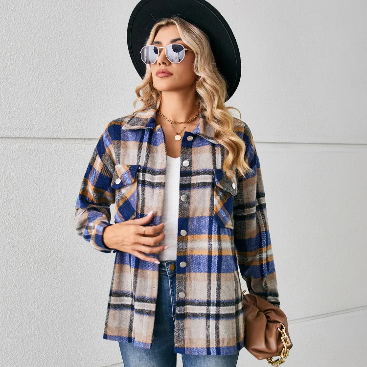 Women's Button Lapel Loose Long-sleeved Plaid Woolen Coat  Stunahome.com