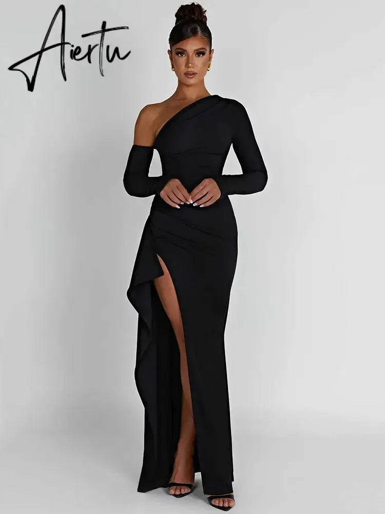 Shoulder Thigh High Split Maxi Dress Women Long Sleeve Backless Bodycon Sexy Club Party Long Dress Vestidos Aiertu