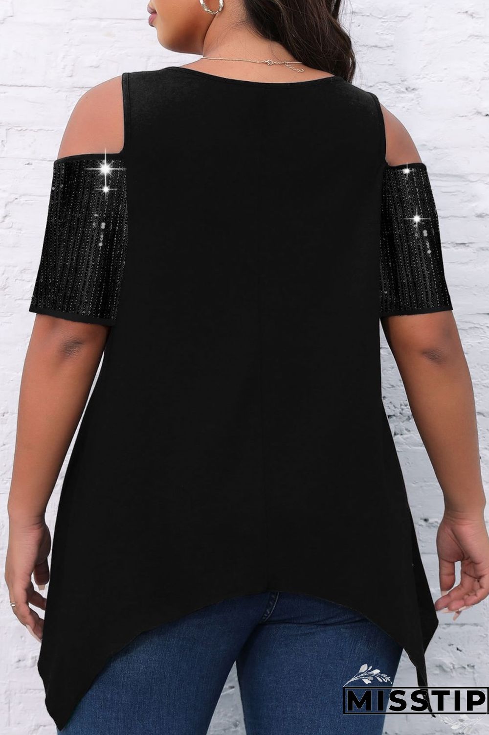 Black Casual Solid Hollowed Out Patchwork O Neck Plus Size Tops