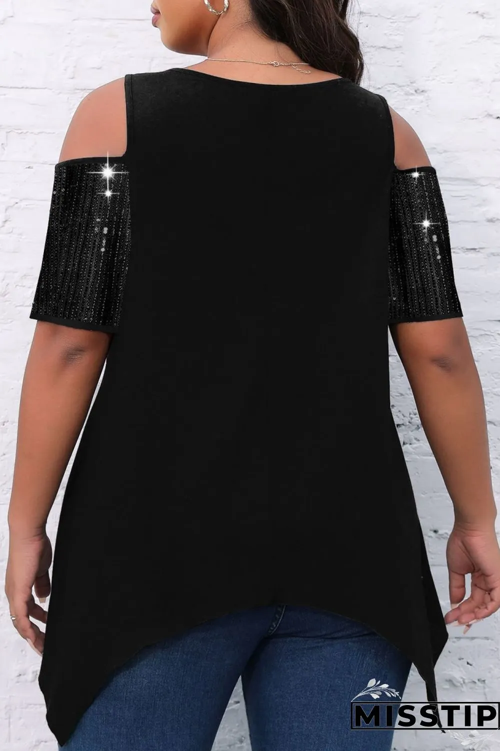 Black Casual Solid Hollowed Out Patchwork O Neck Plus Size Tops