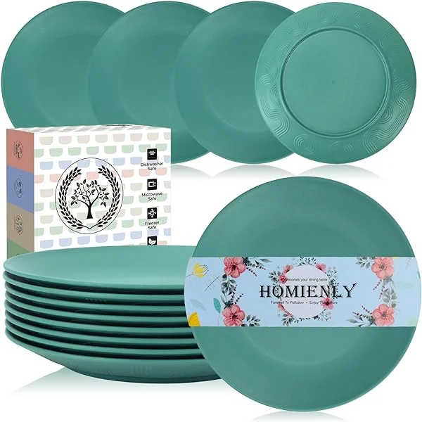 Homienly Flat Dinner Plates Set of 8 Alternative for Plastic Plates Microwave and Dishwasher Safe Wheat Straw Plates for Kitchen Unbreakable Kids Plates with 4 Colors(Multi, 10 inch) Multicolor 10 INCH