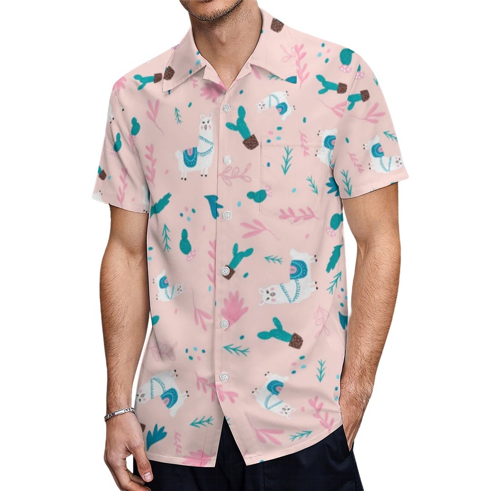 Cool Alpaca Llama Whimsical Animal Cactus Pattern Hawaiian Shirt Mens Button Down Tropical Hawaii Beach Shirts