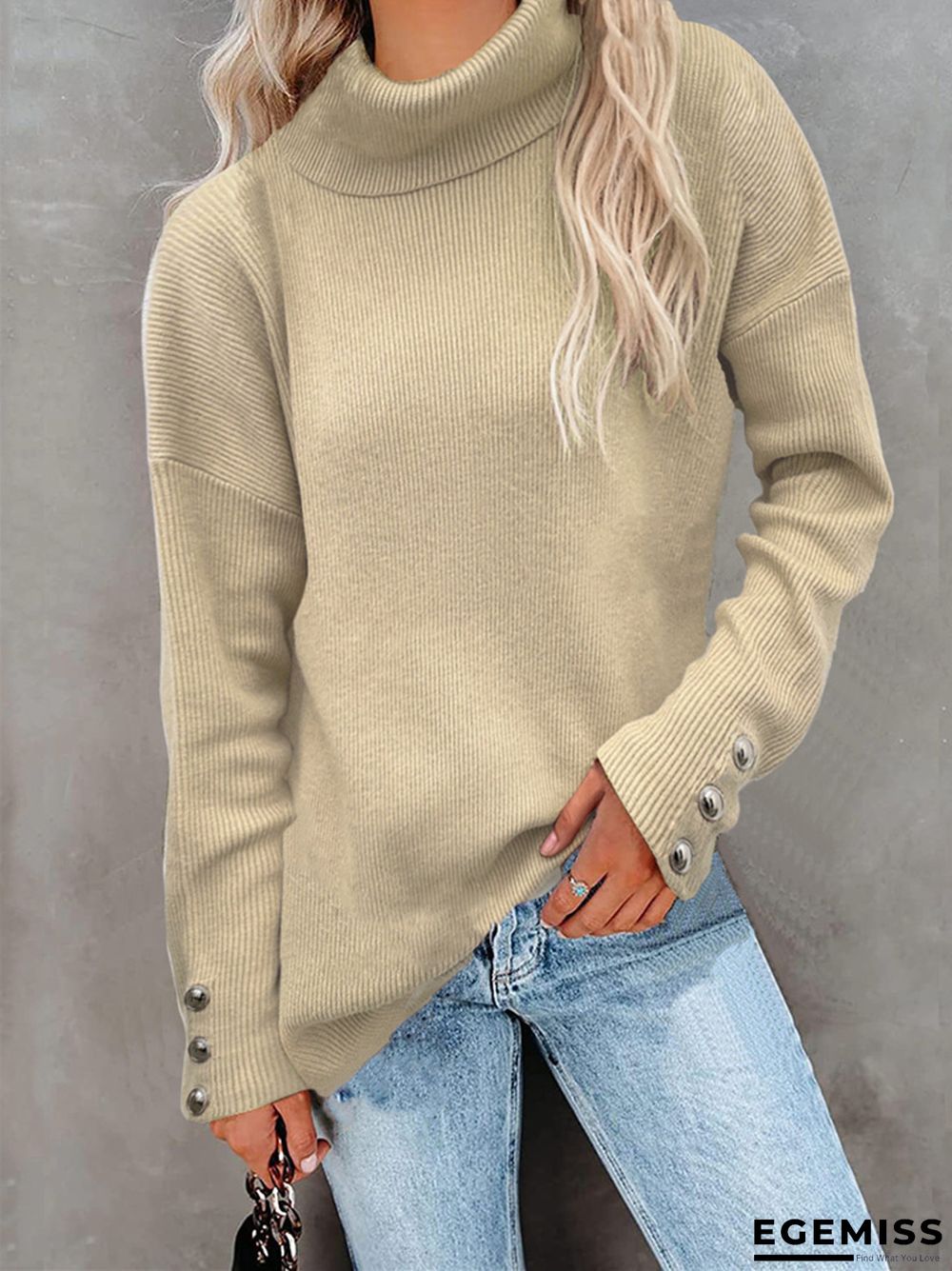 Casual Loose Knit Sweater with High Collar and Long Sleeve In Solid Color | EGEMISS