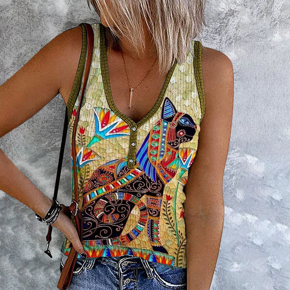 Cleopatra Cat Glass Painting Printed Tank Top