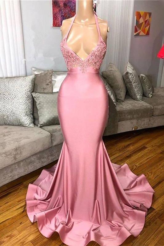 Elegant Spaghetti-Straps Mermaid Pink Prom Dress V-Neck With Appliques - lulusllly