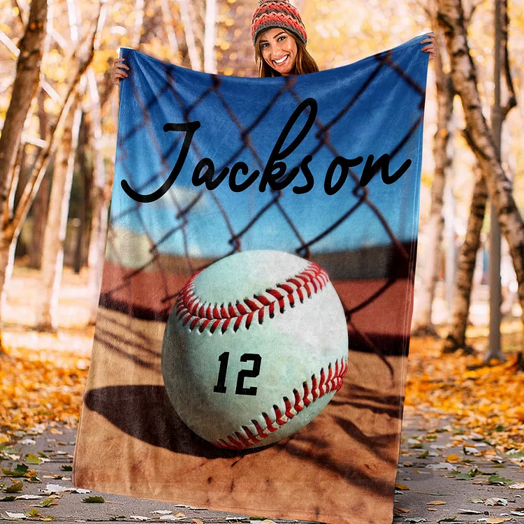 Personalized Baseball Blanket, Sport Theme Blanket with Number and Name Birthday Team Gift for Athletes Sport Lovers | BKKid738