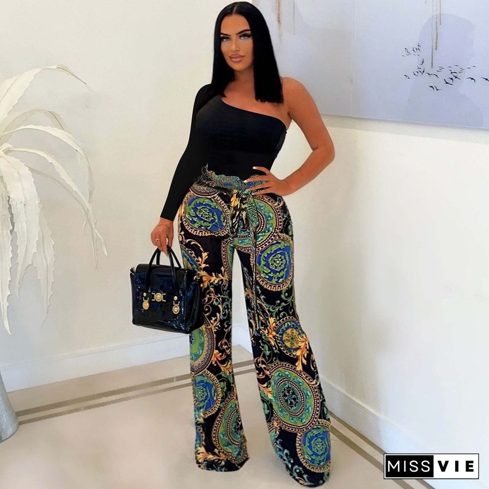 Single Shoulder Patchwork Lace Up Wide Leg Jumpsuits