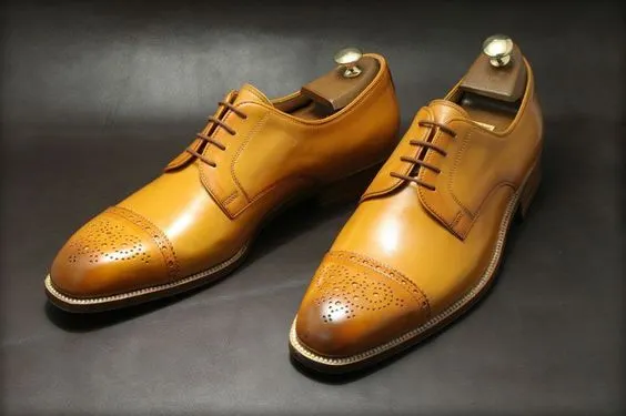 Handmade Men Tan Color Oxford Brogue Formal Shoes, Dress Shoes Shoe
