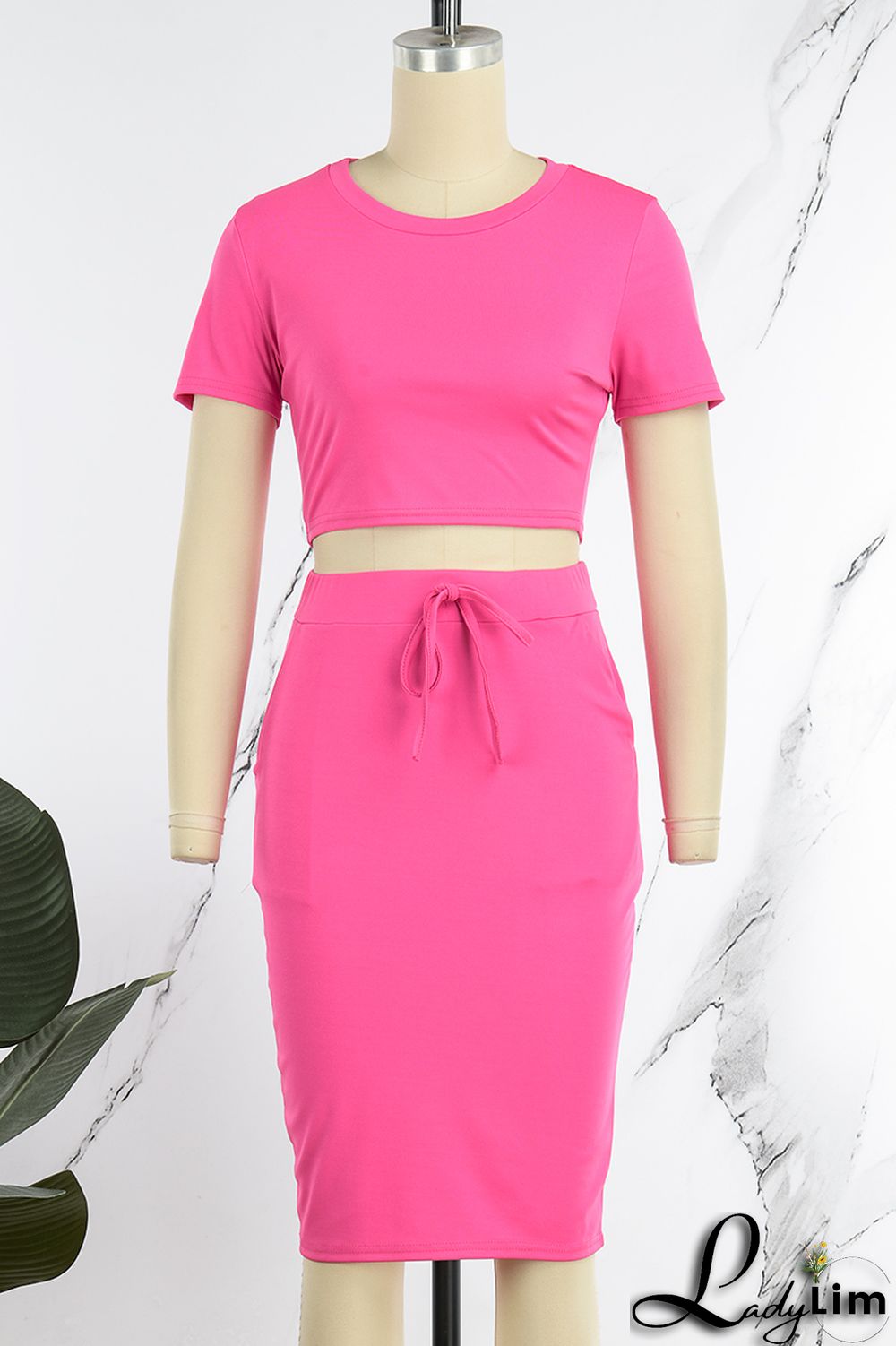 Rose Red Casual Solid Basic O Neck Short Sleeve Two Pieces