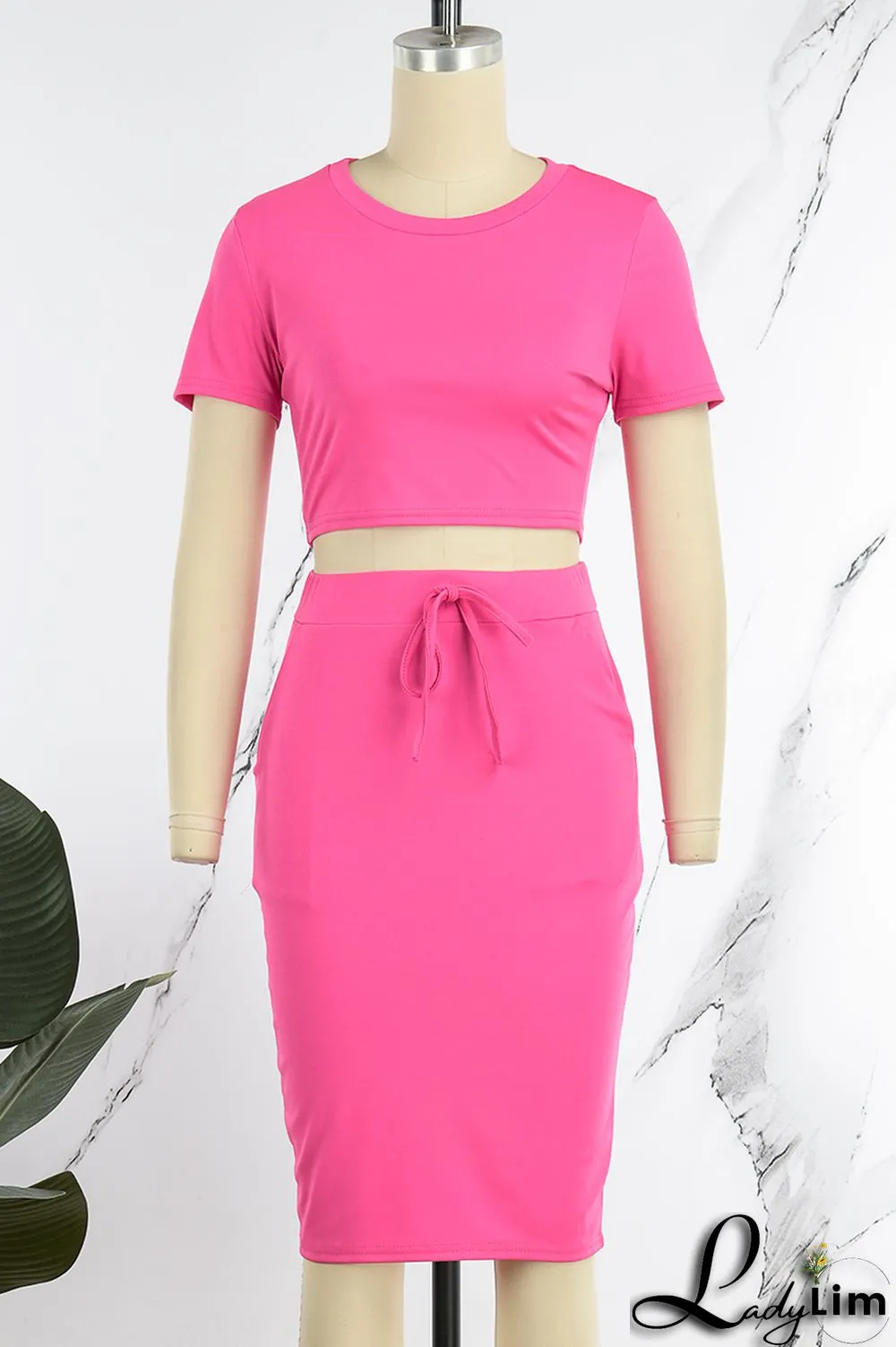 Rose Red Casual Solid Basic O Neck Short Sleeve Two Pieces