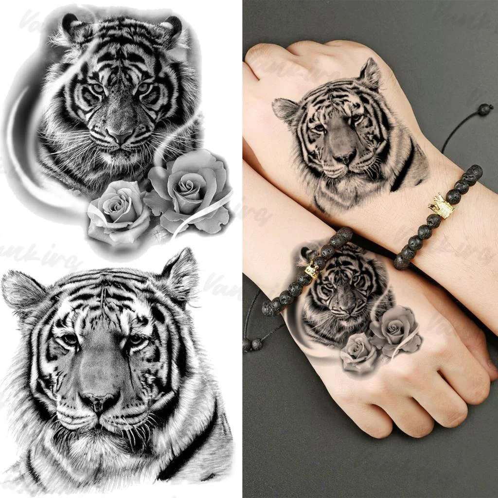 Sdrawing Lion Knight Temporary Tattoos For Men Adults Realistic Tiger Skeleton Fake Tattoo Sticker Arm Water Transfer Tatoos 3D