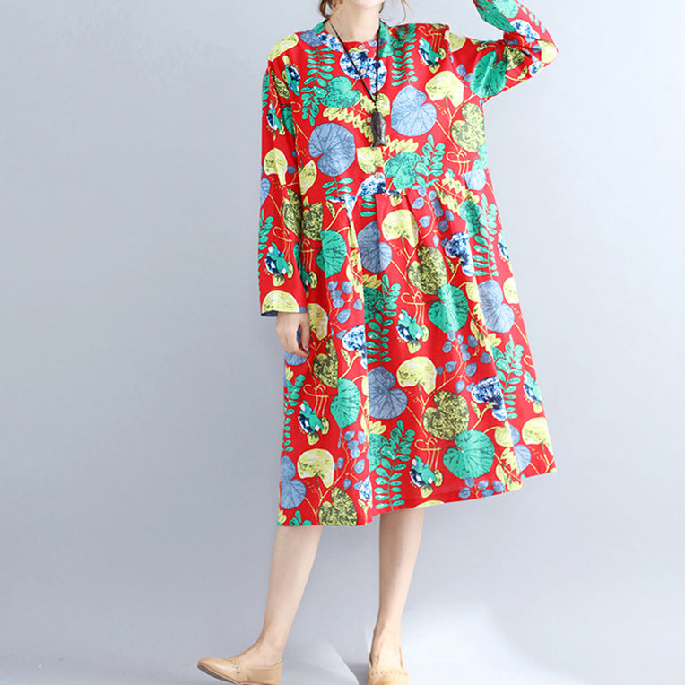 VCSHOES red prints pure linen dresses maxi dress women long sleeve patchwork midi dress